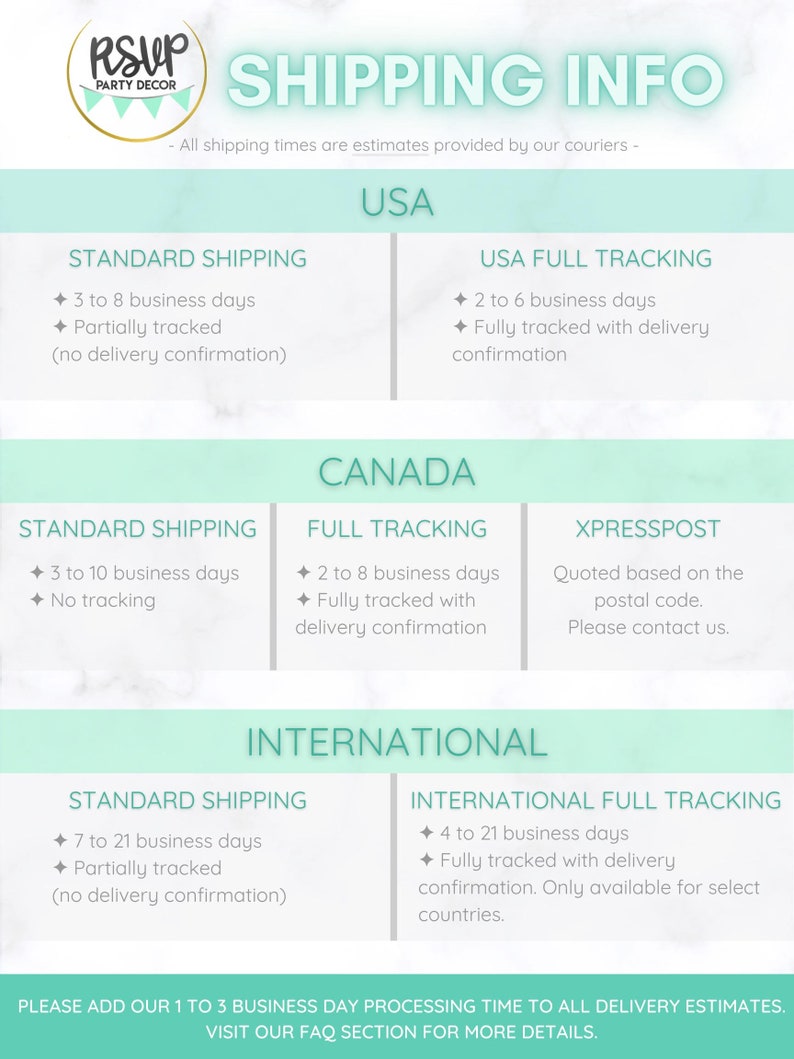 May include: A graphic detailing shipping information, including estimated delivery times and tracking options for the USA, Canada, and international destinations. Text includes "SHIPPING INFO".