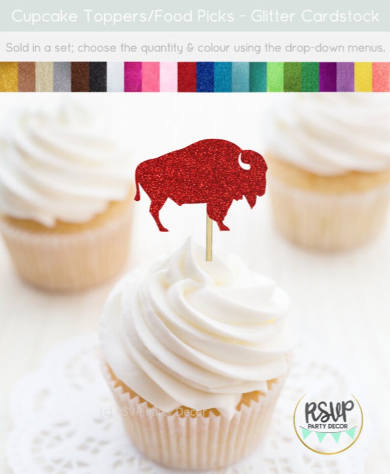 May include: Red glitter buffalo cupcake topper. The topper is on a white cupcake with white frosting. The cupcake is on a white doily. The background is white. "RSVP Party Decor" is printed on a gold circle.