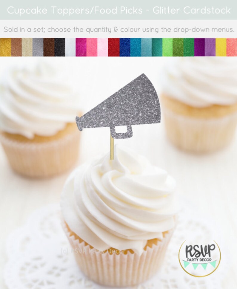 May include: A silver glitter megaphone cupcake topper on a gold stick, inserted into a cupcake with white frosting. The image includes other cupcakes and a color palette of glitter cardstock.
