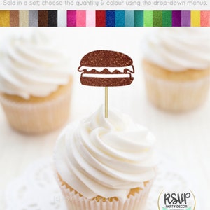 Burger Cupcake Toppers, Fast Food Party Decor, BBQ Birthday Party Decor, Barbeque Party Decorations, BBQ Baby Shower Party Decor