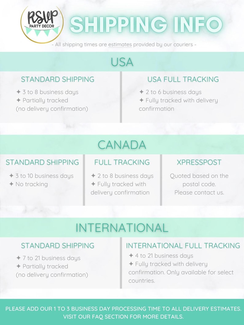 May include: A graphic with the text "SHIPPING INFO" and details for USA, Canada, and International shipping options. Includes estimated delivery times and tracking information for each service.