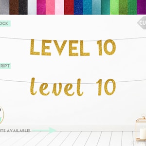 May include: Gold glitter banner with the text "LEVEL 10" in block letters and "level 10" in script letters. The banner is strung on a white background.