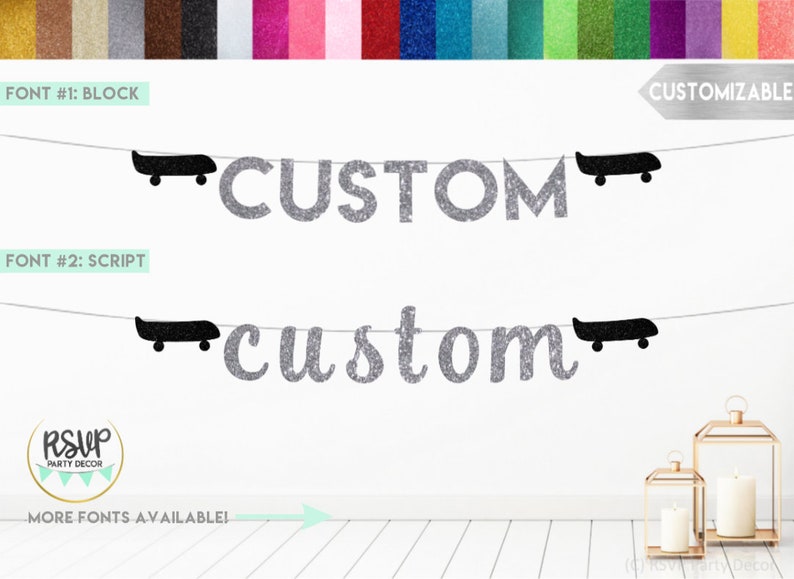 K&ouml;nnte beinhalten: Silberne Glitzergirlande mit dem Wort "CUSTOM" in zwei verschiedenen Schriftarten, Blockschrift und Schreibschrift. Die Girlande ist mit schwarzen Skateboard-Ausschnitten besetzt.