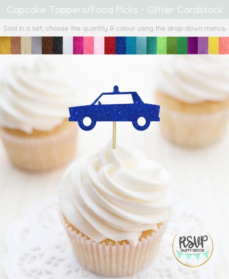 Police Car Cupcake Toppers, Police Party Decorations, Police Retirement Party Decor, Police Graduation Party Decor, Police Grad Toppers image 1