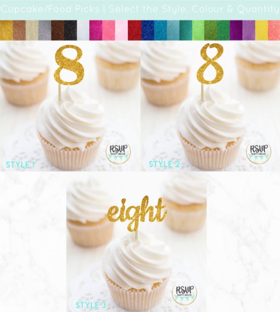 Number 8 Cupcake Toppers, Eight Food Picks, 8th Birthday Decorations, 8th Anniversary Party Decorations, Glitter "8" Toppers Il_570xn