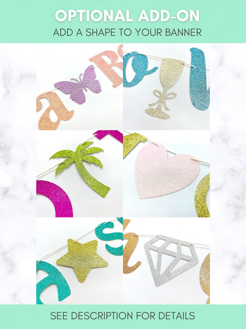 May include: A set of glitter banner shapes, including a butterfly, a wine glass, a palm tree, a heart, a star, and a diamond. The shapes are all different colors and are strung together with a white string.