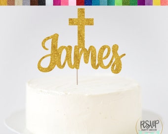 Benutzerdefinierte Kreuz Cake Topper, Taufe Kuchen Topper, Taufe Partydekoration, personalisierte erste heilige Kommunion Tortendekoration, God Bless Zeichen