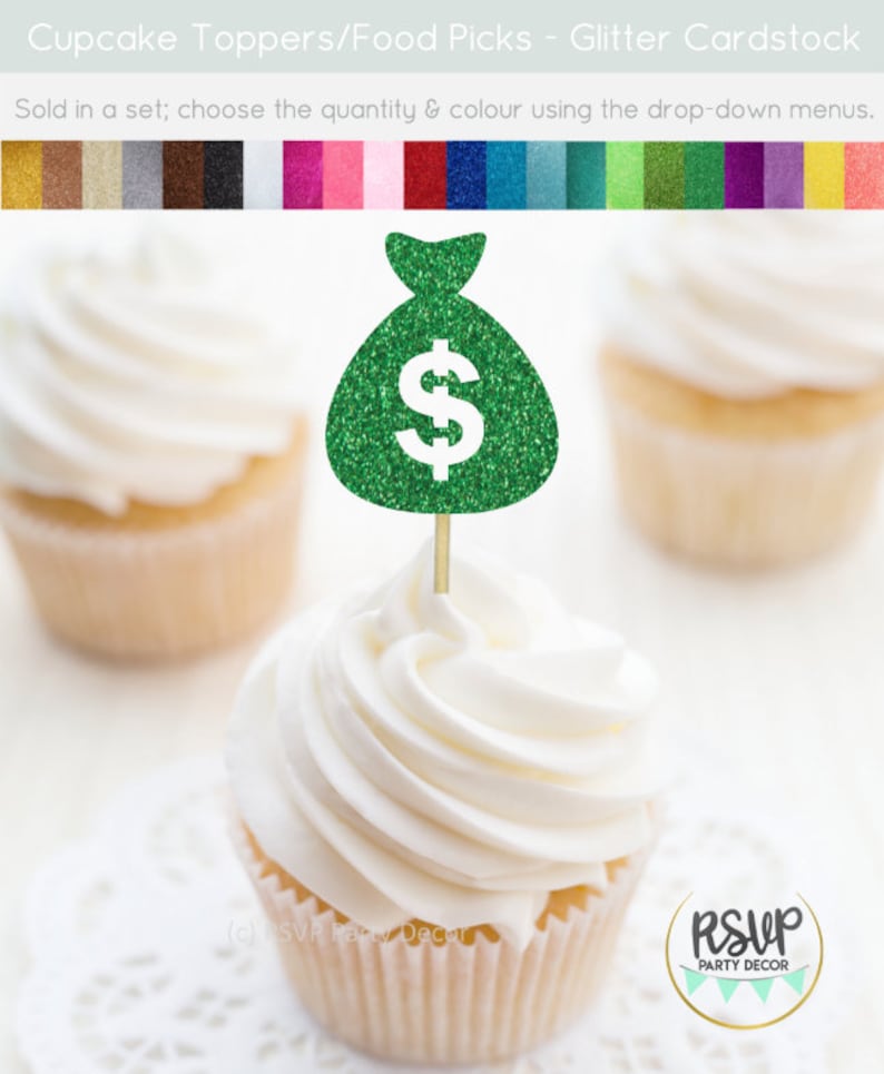 Money Bag Cupcake Toppers, Money Themed Food Picks, Dollar Sign Food Picks, Promotion Decorations, Casino Party Decor, Cops Robbers Party image 2