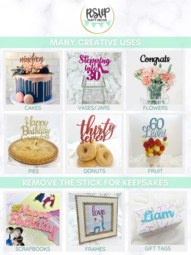 May include: A collage of images showing different ways to use glitter cake toppers. The images show cakes, pies, donuts, fruit, vases, flowers, scrapbooks, frames, and gift tags. The text "RSVP Party Decor" and "Many Creative Uses" are at the top of the image. The text "Remove the Stick for Keepsakes" is at the bottom of the image.
