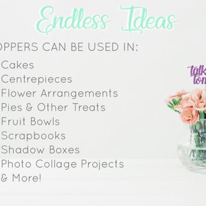 Pu&ograve; includere: Uno sfondo bianco con il testo "Endless Ideas" in verde turchese. Il testo "OUR TOPPERS CAN BE USED IN:" &egrave; sotto il titolo. Segue un elenco di usi per i topper: Torte, Centrotavola, Composizioni floreali, Torte e altri dolcetti, Fruttiere, Album di ritagli, Scatolette a scomparsa, Progetti di collage fotografico, e altro ancora!. Un arrangiamento di fiori rosa in un vaso di vetro trasparente si trova a destra dell'immagine. Il testo "talk 30 tome" &egrave; su un topper viola nel vaso. Un piccolo cerchio con il testo "RSVP PARTY DECOR" si trova nell'angolo in basso a destra dell'immagine.
