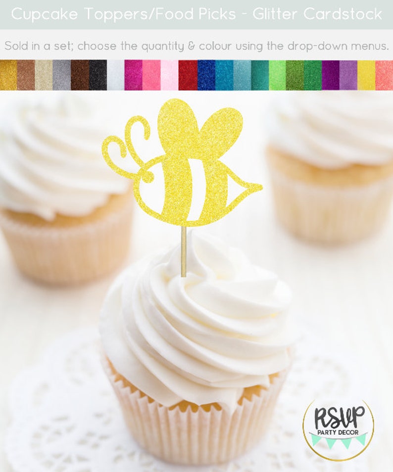 May include: Yellow glitter cardstock bee cupcake topper with black stripes. Sold in a set, choose the quantity and color using the drop-down menus. RSVP Party Decor.