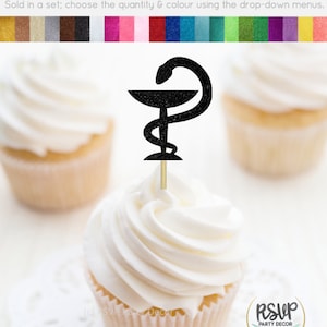 Ciotola di toppers cupcake Hygeia, decorazioni per feste in farmacia, decorazioni per feste di laurea per farmacisti, decorazioni per feste di pensionamento per farmacisti