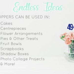 May include: A blue glitter topper with the number 49 and a raised index finger, perfect for a 49th birthday party. The topper is shown in a vase with pink flowers. The text "Endless Ideas" and a list of uses for the topper are shown above the vase. The text "RSUP Party Decor" is shown below the vase.
