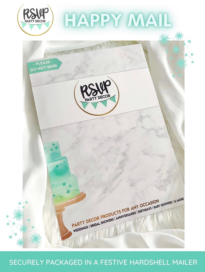 May include: A white and gray marble-patterned box with a gold logo that says "RSVP Party Decor". The box is labeled "Please - Do Not Bend" and has the text "Party Decor Products for Any Occasion" with a list of occasions: "Weddings | Bridal Showers | Anniversaries | Birthdays | Baby Showers | & More".