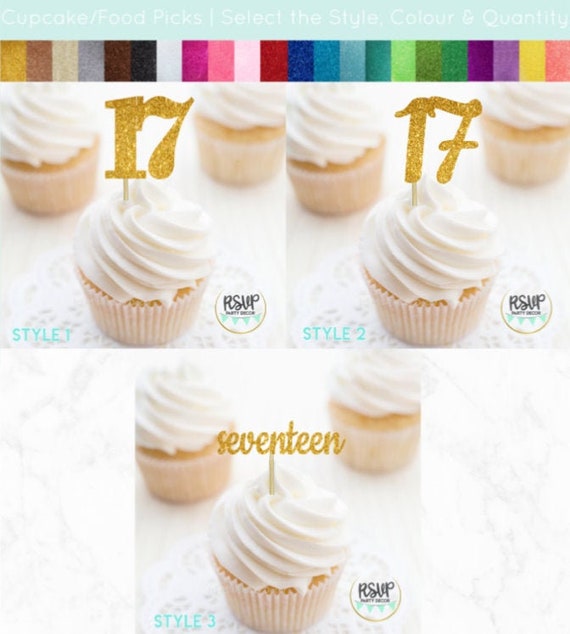 Number 17 Cupcake Toppers, Seventeen Food Picks, 17th Birthday Decorations, 17th Anniversary Party Decorations, Glitter "17" Toppers Il_570xn