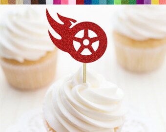 Flaming Wheel Cupcake Toppers, Racecar Birthday Food Picks, Two Fast Birthday Party Decoration, Fast One Party, Car 1st Birthday Party Decor
