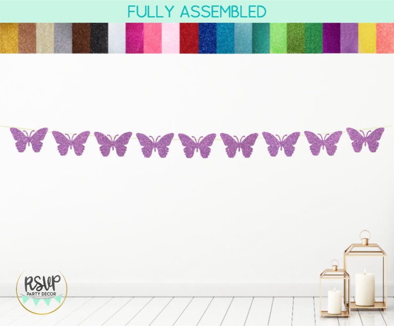 Butterfly Garland, Glitter Butterfly Banner, Fairy Party Decor, Garden Party Decor, Garden Birthday, Garden Shower, Butterfly Birthday image 1
