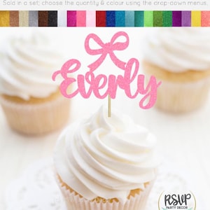 Custom Bow Cupcake Toppers, Coquette Birthday Cupcake Toppers, Bow Baby Shower Party Decor, Personalized Girl Birthday Party Decorations