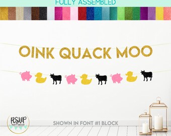 Oink Quack Moo Banner, Farm Animal Garland, Farm 1st Birthday Party Decor, Barn Birthday Party Decorations, Farm Baby Shower Party Decor
