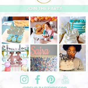 May include: A collage of party-themed images, including cupcakes with toppers, a cake with the name "Saira", and a cake with "Double Digits". The RSVP Party Decor logo is at the top, with social media icons and the text "Join the Party".