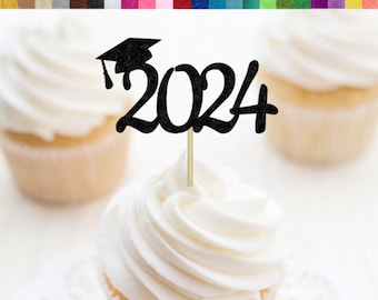 2024 Grad Cap Cupcake Toppers, Decoraciones de fiesta de graduación, Selecciones de comida de graduación, Fiesta de graduación 2024, 2024 Grad Cupcake Toppers