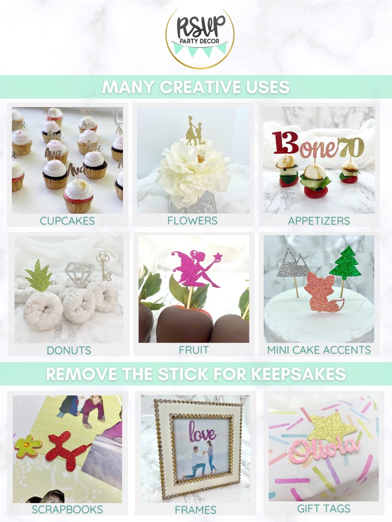 May include: An image displaying party decor ideas, such as cupcakes, flowers, appetizers, donuts, fruit, mini cake accents, scrapbooks, frames, and gift tags. The text "RSVP Party Decor" and "Many Creative Uses" are visible.