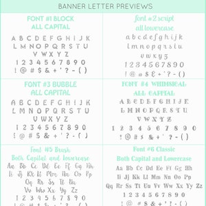May include: A preview of six different font styles for a banner. The fonts are Block, Script, Bubble, Whimsical, Brush, and Classic. Each font style shows the alphabet in uppercase and lowercase letters, numbers, and punctuation marks.