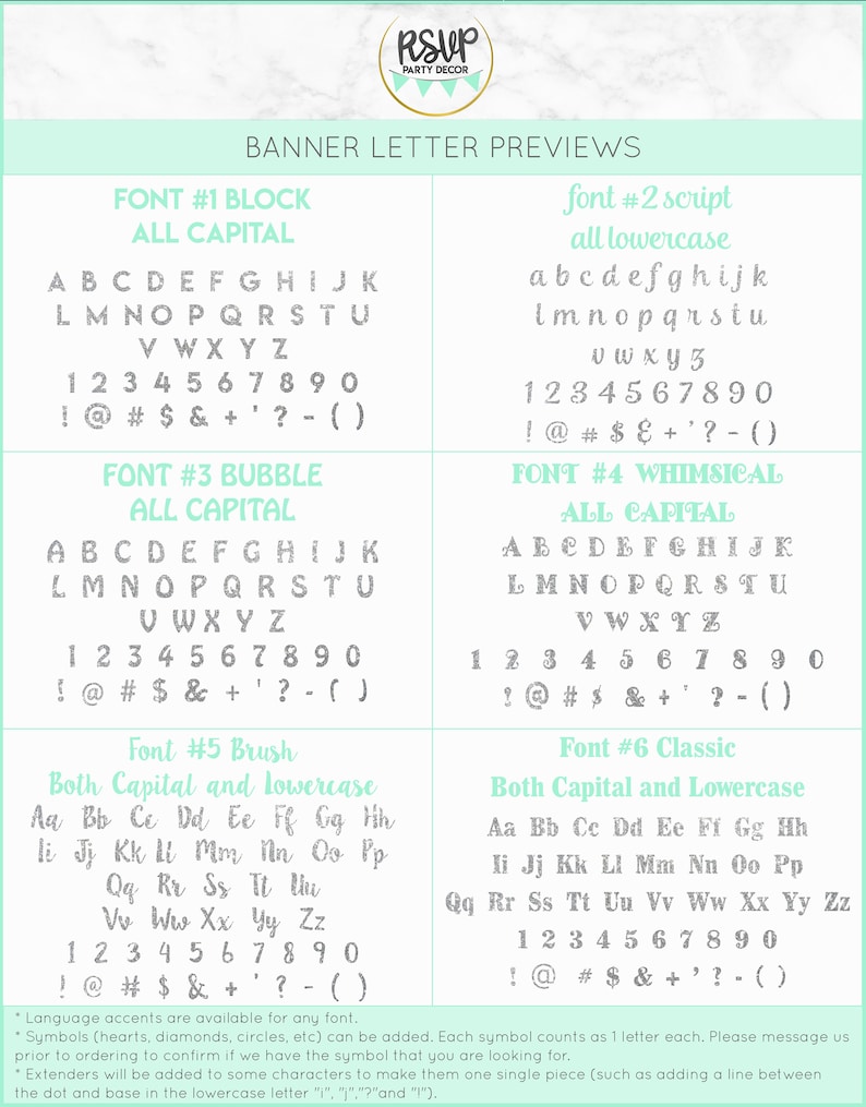 May include: A preview of six different font styles for a banner. The fonts are Block, Script, Bubble, Whimsical, Brush, and Classic. Each font style shows the alphabet in uppercase and lowercase letters, numbers, and punctuation marks.