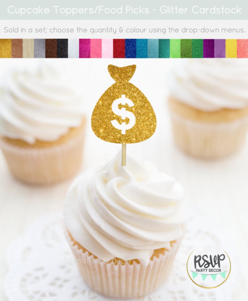 Money Bag Cupcake Toppers, Money Themed Food Picks, Dollar Sign Food Picks, Promotion Decorations, Casino Party Decor, Cops Robbers Party image 1