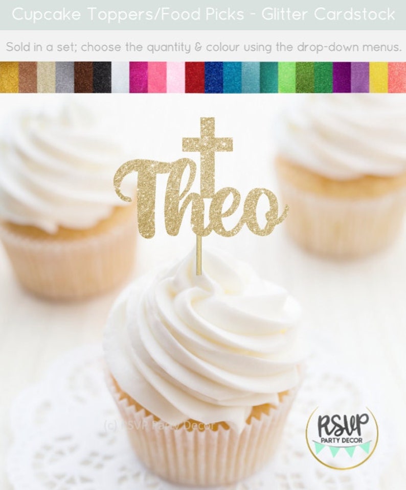 Custom Cross Cupcake Toppers, Baptism Cupcake Toppers, Christening Cupcake Toppers, Holy Communion Cupcake Toppers, God Bless Food Picks image 1