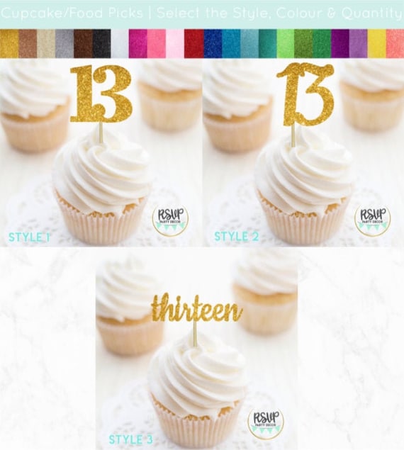 Number 13 Cupcake Toppers, Thirteen Food Picks, 13th Birthday Decorations, 13th Anniversary Party Decorations, Glitter "13" Toppers Il_570xn