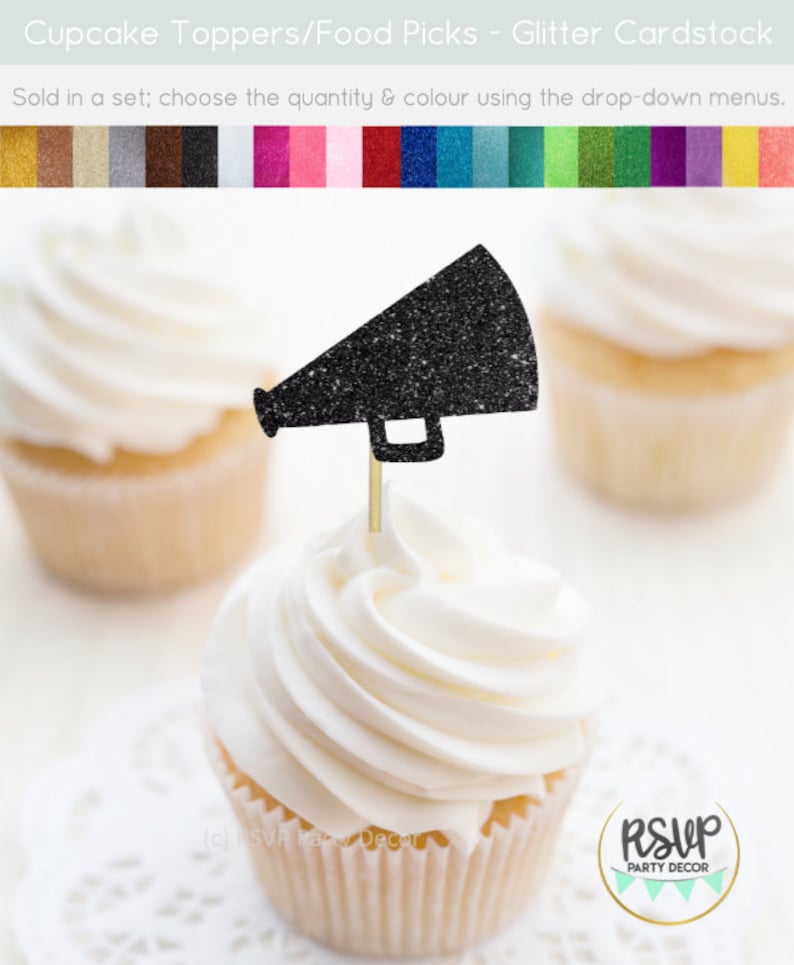 May include: A black glitter cardstock megaphone cupcake topper on a cupcake with white frosting. The cupcake is on a white doily. The image includes other cupcakes and a color chart. Text on the image says "Cupcake Toppers/Food Picks - Glitter Cardstock".