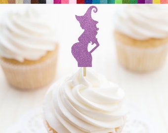 Pregnant Witch Cupcake Toppers, Halloween Baby Shower Decor, Witch Baby Shower Decorations for Halloween, Halloween Themed Gender Reveal