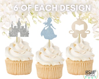 18 PCS Cinderella Cupcake Toppers, Princess Birthday Party Decorations, Blue and Silver Princess Party Decor, Cinderella Baby Shower Decor