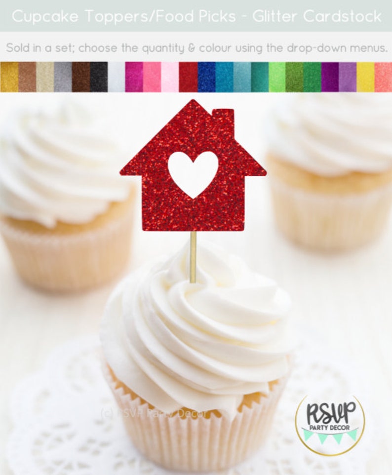 May include: Red glitter cupcake topper shaped like a house with a heart cut out. The topper is on a cupcake with white frosting. The text "RSVP Party Decor" is visible in the image.