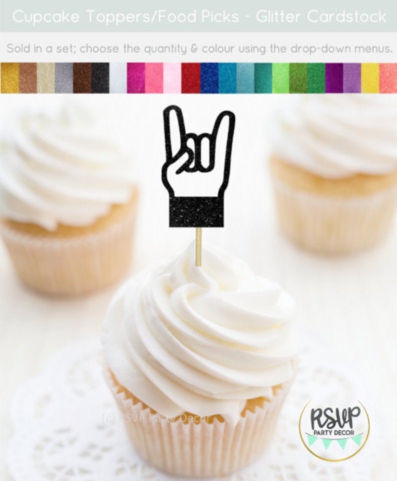Rock Hand Cupcake Toppers, Music Party Decorations, Rock Star Cupcake Toppers, Rock n Roll Party Decor, Music Theme Birthday Decor image 1