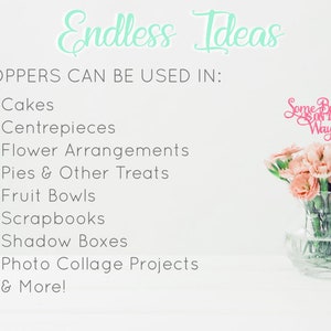 May include: A pink and white sign with the text "Endless Ideas" and a list of ways to use toppers, including cakes, centerpieces, flower arrangements, pies, fruit bowls, scrapbooks, shadow boxes, photo collage projects, and more. A pink floral arrangement with a pink sign that says "Some Bunny on the Way" is in the background.