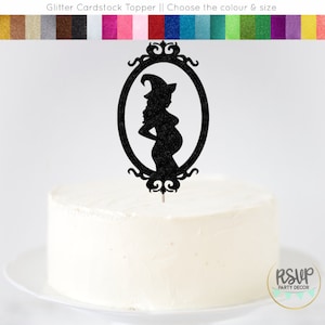 Dekoracje na baby shower w stylu czarownic, ozdoba na tort na baby shower jesienią, dekoracja na imprezę z okazji ujawnienia płci dziecka na Halloween, dekoracja na baby shower na Halloween