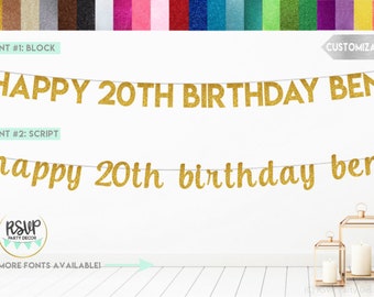 Bannière personnalisée Happy 20th Birthday, Décorations de fête de 20th Birthday, Décor de fête 20, Signe de vingtième anniversaire, Fournitures de fête de vingt anniversaire