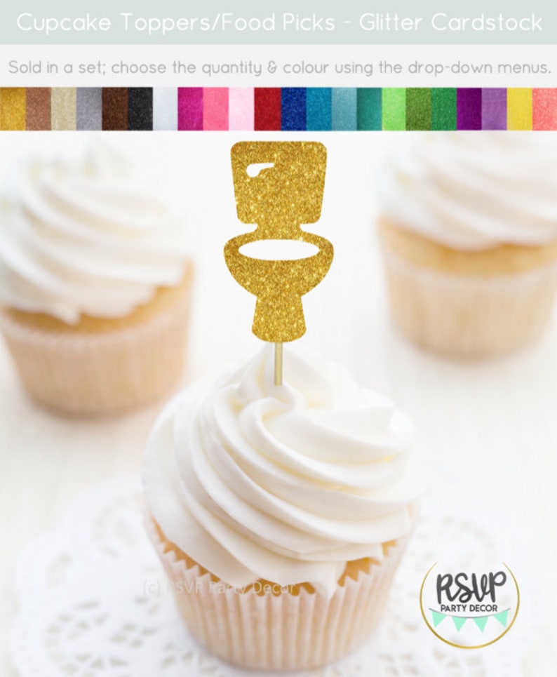 May include: Gold glitter cupcake topper shaped like a toilet. The topper is on a white cupcake with white frosting. The cupcake is on a white doily. The text "RSVP Party Decor" is visible in the bottom left corner of the image.