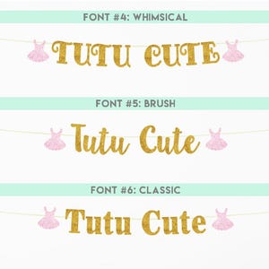 Może przedstawiać: Trzy r&oacute;żne style czcionek dla frazy "Tutu Cute" są pokazane na banerze z r&oacute;żowymi sylwetkami baletnic. Czcionki są oznaczone jako "Whimsical", "Brush" i "Classic".