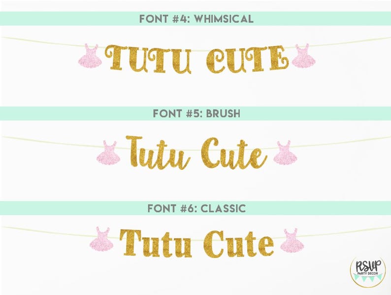 Może przedstawiać: Trzy r&oacute;żne style czcionek dla frazy "Tutu Cute" są pokazane na banerze z r&oacute;żowymi sylwetkami baletnic. Czcionki są oznaczone jako "Whimsical", "Brush" i "Classic".