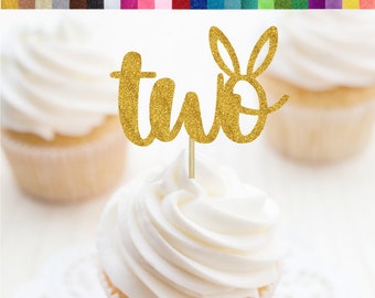Bunny Ear Two Cupcake Toppers, Some Bunny Is Two Birthday, Bunny 2nd Birthday Party Decorations, Rabbit Cupcake Toppers, Bunny Party Decor