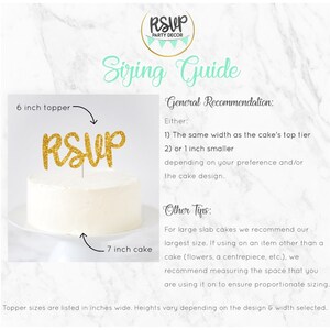 May include: A guide for sizing cake toppers, showing a 6-inch topper on a 7-inch cake. The guide recommends using a topper that is the same width as the cake's top tier or 1 inch smaller. It also provides tips for sizing toppers for large slab cakes and other items.