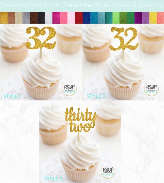 Number 32 Cupcake Toppers, Thirty Two Food Picks, 32nd Birthday Decorations, 32nd Anniversary Party Decorations, Glitter "32" Toppers Il_570xn