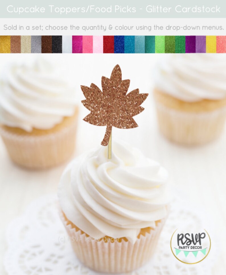 Autumn Leaf Cupcake Toppers Glitter Maple Leaf Cupcake Etsy