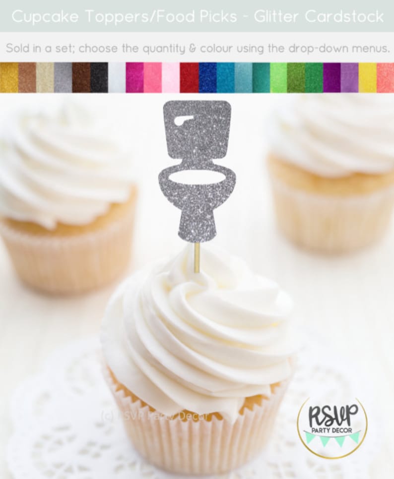 May include: Silver glitter cupcake topper shaped like a toilet. The topper is on a white cupcake with white frosting. The cupcake is on a white doily. The text "RSVP Party Decor" is on a gold circle in the lower right corner of the image.