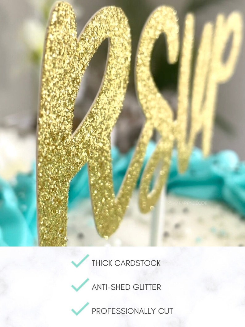 May include: Gold glitter "RSVP" cake topper made of thick cardstock. The topper is professionally cut and features anti-shed glitter. The letters are in a cursive font, perfect for a party or event.