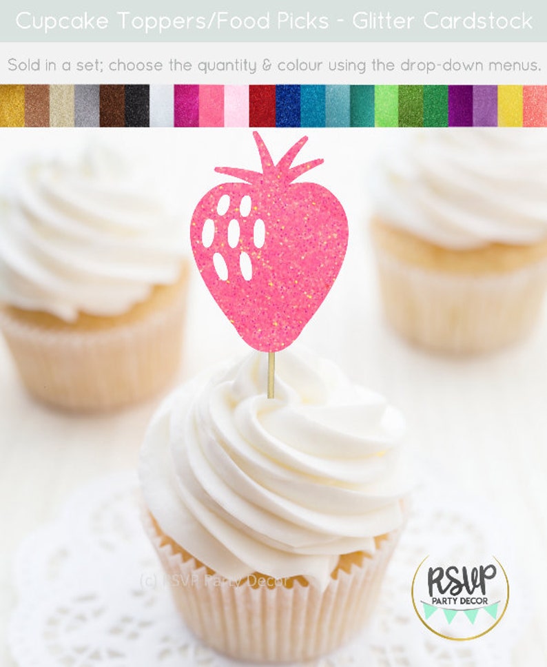 Strawberry Cupcake Toppers, Glitter Strawberry Food Picks, Strawberry Party Decor, Summer Cupcake Toppers, Tutti Frutti Party Decorations image 4