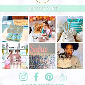 May include: Image featuring the RSVP Party Decor logo and the phrase "Join the Party". The image displays party decorations, such as cupcakes, balloons, and cake toppers. Social media icons and the Etsy shop's email signup are also shown.